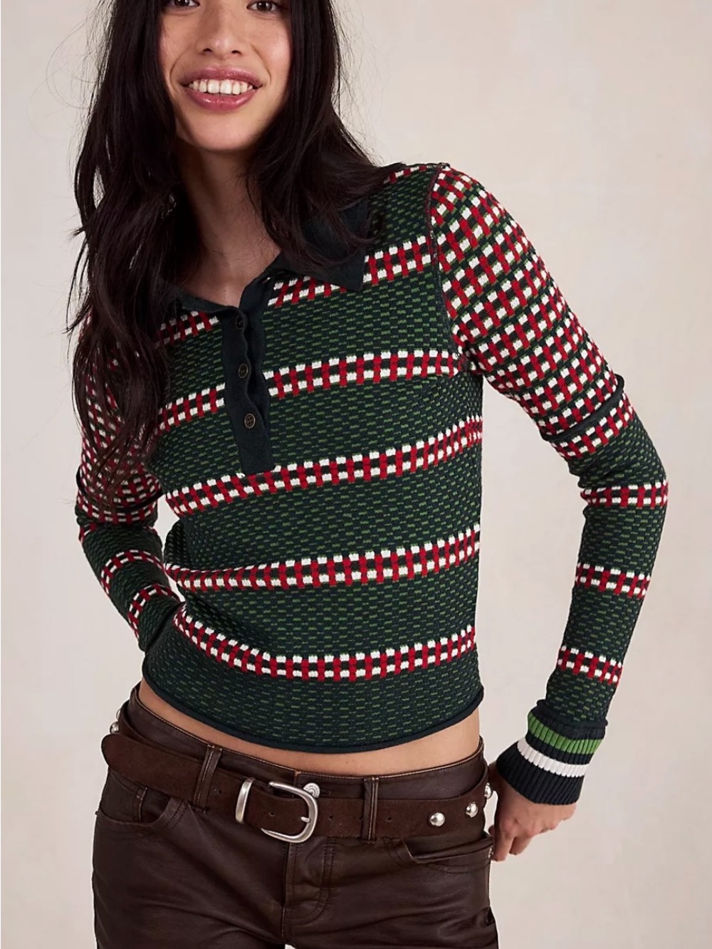 We The Free Green Striped Long-Sleeve Polo Top with Red and White Accents
